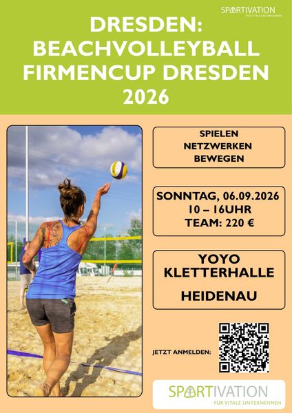 Poster vom Dresden Beachvolleyball Firmencup 2026 mit wichtigen Daten, 06.09.2026 um 10 Uhr beginn in der Yoyo Kletterhalle