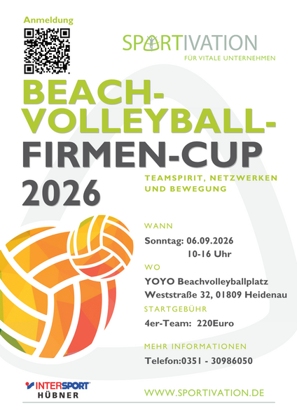Poster vom Dresden Beachvolleyball Firmencup 2026 mit wichtigen Daten, 06.09.2026 um 10 Uhr beginn in der Yoyo Kletterhalle